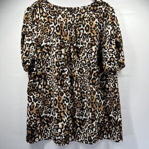 Talbots Women Blouse XL Leopard Animal Black Brown Pullover Short Ruched Sleeves